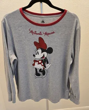 Disney Minnie Mouse Long Sleeve Ringer Shirt Womens M Grey Red Sparkle Graphic thumbnail 1