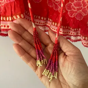 Farm Rio Red Pink Paisley Tropical Floral Blouse Beaded Tassel Boho Resort Small thumbnail 6