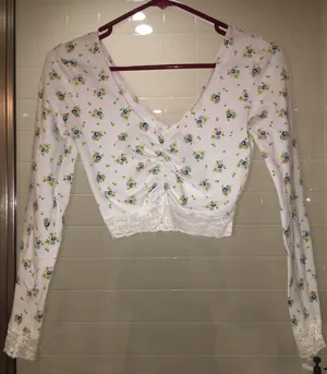Urban Outfitters Gathered Front Floral Lace Crop Top thumbnail 1