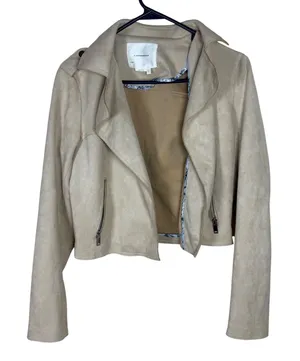 Anthropologie Faux Suede Moto Jacket Beige Cropped Open Front Floral Trim Small thumbnail 1