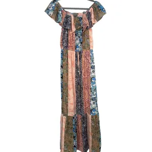NWOT Sans Souci Off Shoulder Patch Print Maxi Dress Elastic Tie Waist M Tan Blue thumbnail 2