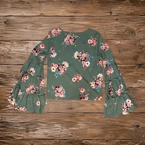 Altar'd State Boho Floral Bell Sleeve Blouse Small Sage Green Peasant Top thumbnail 3