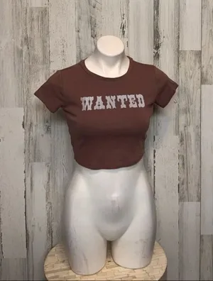 Garage Brown “Wanted” Graphic Cropped Tee – Size Medium thumbnail 1