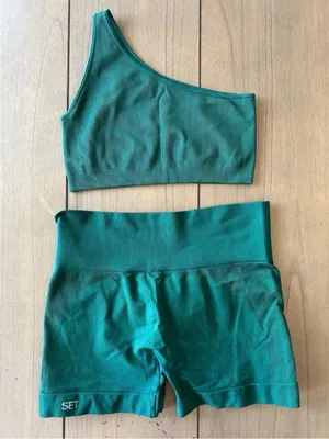 SET Active Forest Green One-Shoulder Crop Top & High-Waist Shorts thumbnail 2