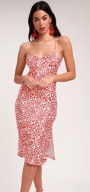 Lulus Calling My Spirit Red Satin Print Midi Slip Dress Cottagecore Size L‎ thumbnail 1