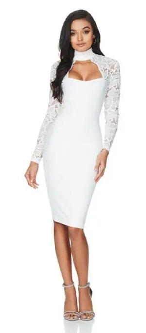 Nookie Lady Lace Long Sleeve White Midi Dress Formal Bodycon Sexy Night NWT v6x thumbnail 1