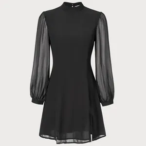 RIHOAS The Black Stand Collar Sheer Slit Mini Dress thumbnail 5