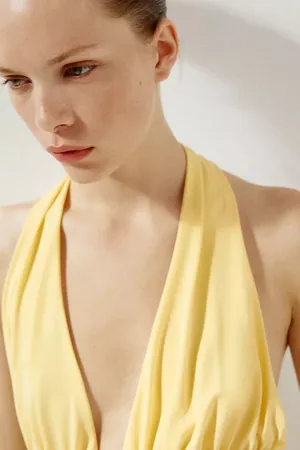 Zara Butter Yellow Halter Maxi Dress with Plunging Neckline Scarf Wedding Party thumbnail 13