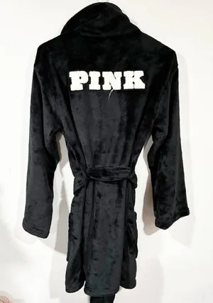Victoria's Secret PINK Cozy Robe Size XS Black & White Logo Sleep Fluffy‎ PJ thumbnail 1