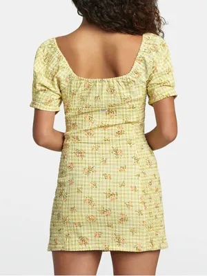 RVCA Gretel yellow gingham Floral smocked cottage puff Sleeve Mini Dress L thumbnail 13