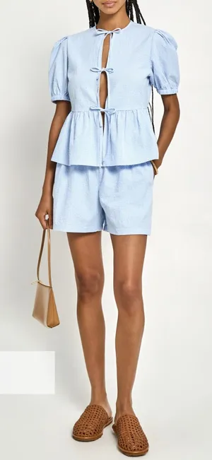 NWT Few Moda Una Set size XS Blue white gingham plaid shorts tie front top Kourt thumbnail 1