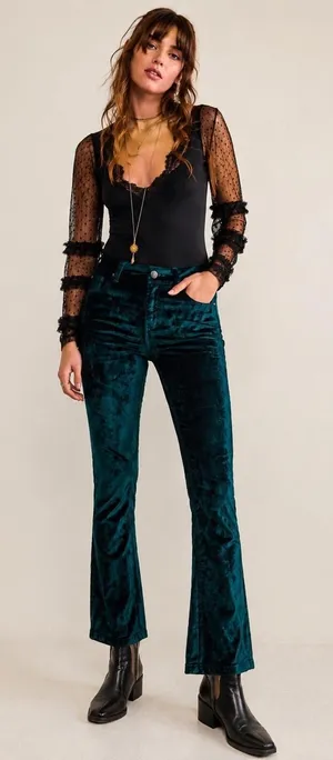 Free People Green Velvet Crop Bootcut Pants Size 28 Emerald Stretch thumbnail 1