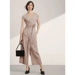 Aritzia Wilfred Brax Jumpsuit Beige Size 8 Linen Blend Wide Legs Wrap Front Tie Waist thumbnail 2