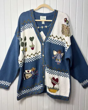 Quacker Factory Blue Garden Angel Embroidered Cardigan Sweater‎ 2X Heart Buttons thumbnail 1