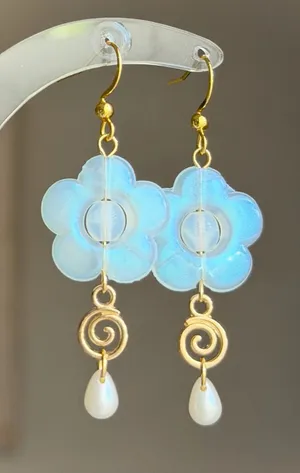 Handmade flower & swirl cute fairy dangle earrings 💐🌀🩵 thumbnail 1