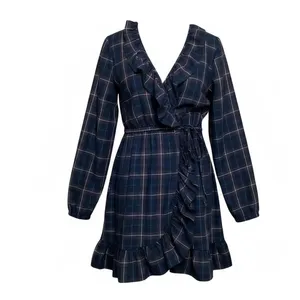 Sunner Navy plaid Cotton Ruffle wrap dress. Size Medium Blue thumbnail 2