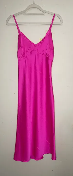 Japna Pink satin slip dress with lace trim thumbnail 1