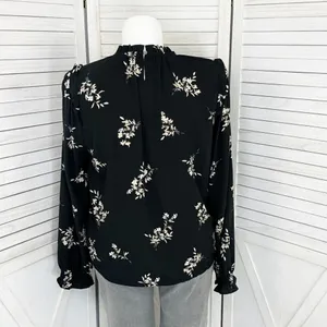 J. Crew Floral Smocked Ruffle Trim Blouse Black‎ Tan Large thumbnail 4