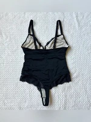 Plunge V Neck Shapewear Sculpting Thong Bodysuit L Black Lace Teddy Whimsigoth thumbnail 9