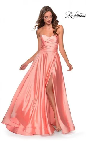 NWT LA FEMME Strapless Slit Satin Ballgown Prom Dress in Peach Size US 4 thumbnail 1