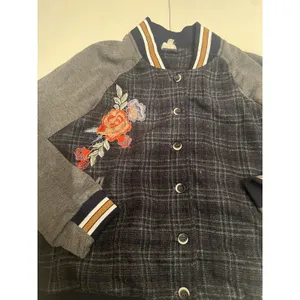 Hem & Thread‎ Womens Plaid Floral Embroidered Varsity Bomber Jacket Grey Navy L thumbnail 2