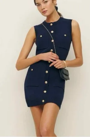 Reformation Catalina Cotton Sweater Mini Dress in Navy Size L thumbnail 1