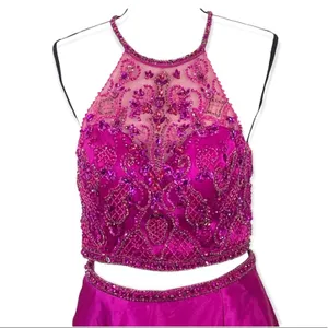 Mori Lee Fuchsia Embellished 2 Piece Prom Dress Size 10 Halter Gown thumbnail 6