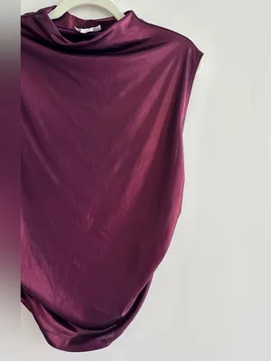 Maeve by Anthropologie Mock-Neck Ruched Shine Tank, Plum/Prune, Size Large thumbnail 6
