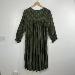 April Cornell Candlelight Smock Dress Large L Olive Green Block Print Boho Midi thumbnail 4