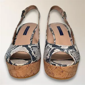 Stuart Weitzman 7.5 Snake Print Embossed Cork‎ Wedge Slingback Peep Toe Sandals thumbnail 7