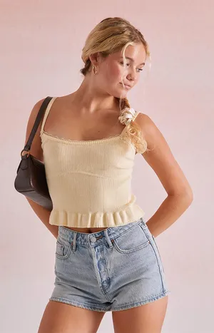 (C114) Beverly & Beck Jennie Ruffle Tank Top Mellow Yellow Women's S Lace Trim thumbnail 1