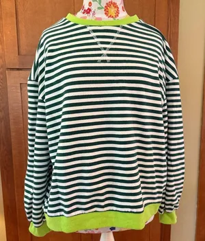 Oversized Striped Casual Sweatshirt Top Green thumbnail 1