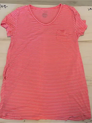 Striped V-Neck Mini Dress in Coral Pink thumbnail 1