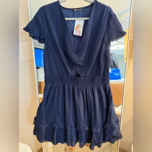 PRETTYGARDEN NEW Blue Casual V Neck Short Sleeve Tiered Mini Beach Vacation Dress 2X thumbnail 4