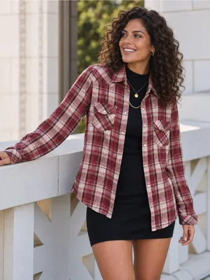 Love Stitch Play The Field Burgundy Plaid Button UP Shirt Size M thumbnail 1