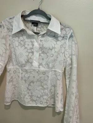 White semi sheer floral long sleeve top thumbnail 2