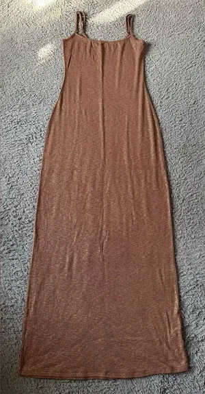 Aerie full length brown and gold maxi dress adjustable straps, size M thumbnail 1