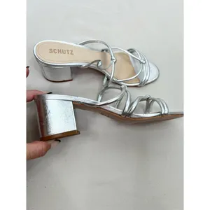 Schutz Silver Strappy Design Block Heel Open Toe Sandal Leather Womens Size 8.5B thumbnail 3