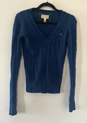 Vintage Y2K American Eagle Cable Knit Ribbed V Neck Sweater Small Blue Preppy thumbnail 1
