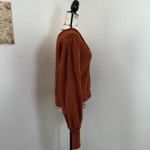 Free People Boucle Knit V-Neck Sweater Rust Orange Puff Sleeve Small Boho Fall thumbnail 2