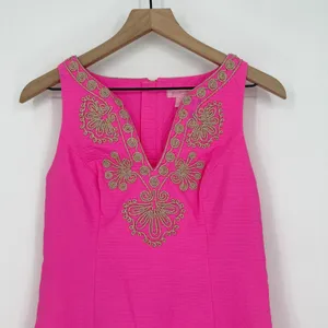 Lilly Pulitzer Gabby Shift Dress Pink Cotton Floral Split Neck Back Zip Womens 2 thumbnail 3