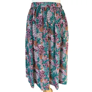 Campus‎ Casuals VTG 80s Midi Skirt M Pleated A-Line Peacock Feather Print Boho thumbnail 2