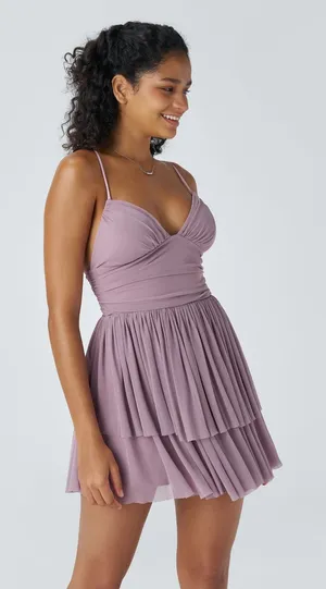 Halara Ruffle Mesh Mini Dress Womens L Lavender Corset Back Tiered V-Neck NWT thumbnail 1
