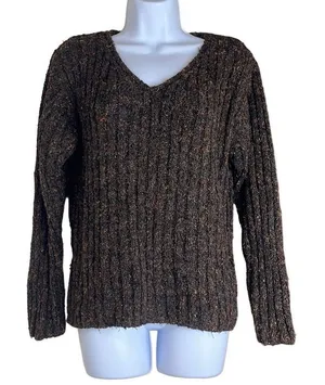 Vintage Alps Brown Marled V Neck Pullover Sweater Cableknit Long Sleeves Medium‎ thumbnail 1