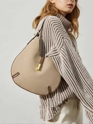 NEW faux leather round Light Taupe cream Crescent Shoulder Bag with Gold Accent thumbnail 2