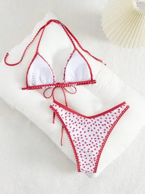 NEW Red White Floral Polka Dot Colorblock Tie Front Triangle Swimwear Bikini Set thumbnail 4