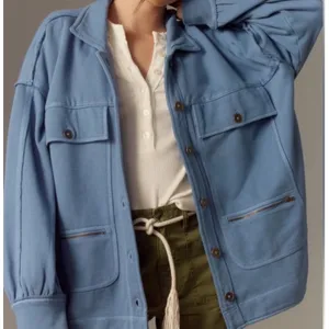 Pilcro Anthropologie Cotton Micro Fleece Button Utility Jacket Blue Large L New thumbnail 1