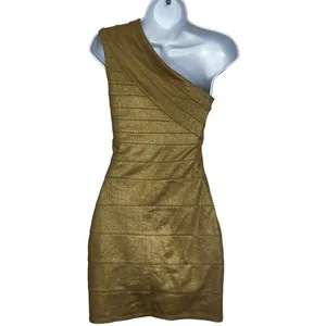 EXPRESS Shimmery Gold One Shoulder Bandage Mini Dress NWT $89 Size‎ XS thumbnail 6