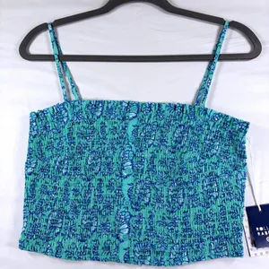 Roller Rabbit for Target Aqua Blue Floral Smocked Button‎ Front Tank Top Medium thumbnail 2