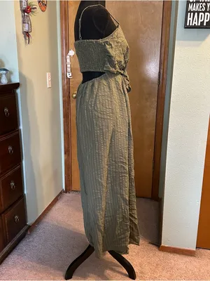 Flying Tomato green striped spaghetti strap wide leg crop jumpsuit size S boho thumbnail 2